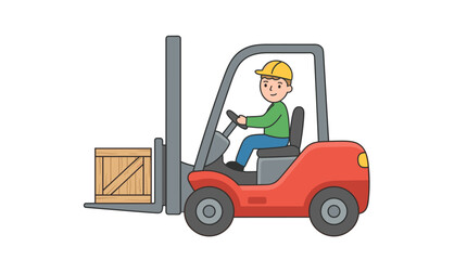 a red forklift lifting a wooden cargo box with a worker on a white background © IchmunandarSt