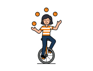 Woman juggling oranges while riding a unicycle illustration for circus performance art and entertainment concept © The blitz