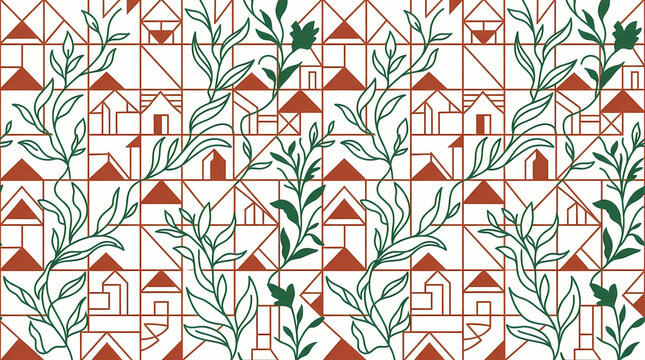 Seamless pattern with geometric houses and organic botanical leaves in terracotta and green colors.