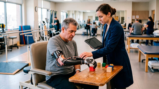 Therapist helps patient with advanced prosthetic arm practice motor skills with blocks