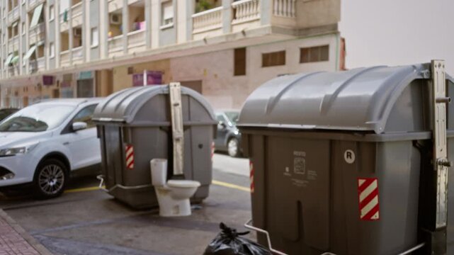 Blurred urban street view of garbage containers, large bins and parked cars in a soft defocused background street; background backplate copyspace overlay.