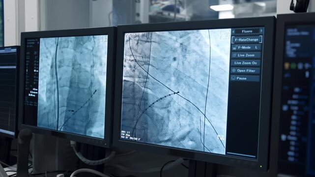 Close-up of two monitors displaying angiographic images of blood vessels and a catheter.