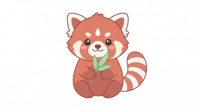 Cute kawaii red panda character holding a bamboo leaf vector illustration.