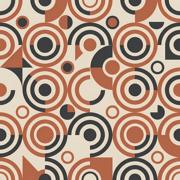 Abstract geometric seamless pattern with circles and semicircles in retro colors.