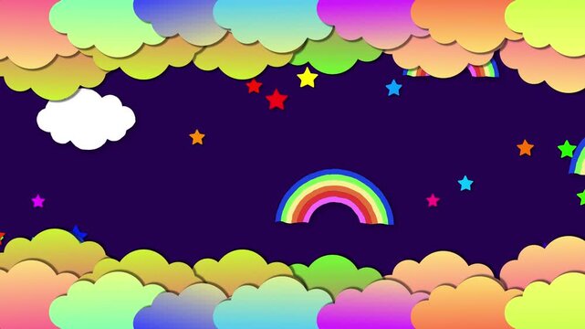 Colorful Paper Cut Style Cartoon Sky Graphic Animation With Pastel Gradient Clouds Floating Rainbows And Vivid Scattered Stars On Dark Purple Night Background Perfect For Children Bedtime Stories And 