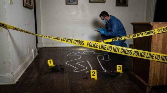 Crime scene investigation with chalk outline evidence markers and investigator examining clues