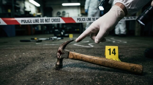 Crime Scene Investigation Forensics Team Examines Hammer at Murder Scene with Police Tape
