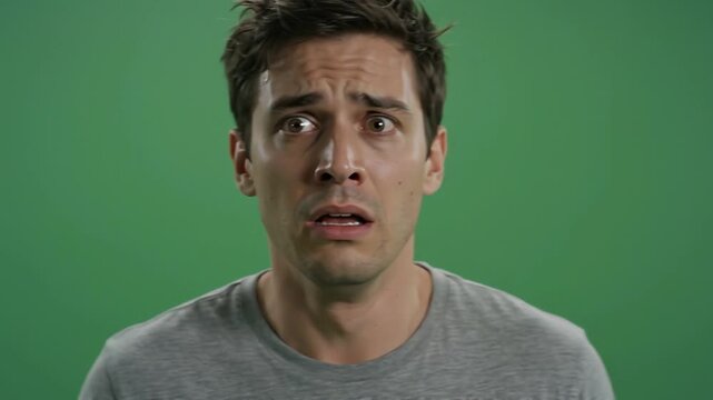 Close-up video of a man with a startled facial expression against a green screen background