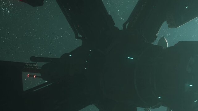 A large spaceship floats in space surrounded by stars. The scene shows the silhouette of the ship against a backdrop of distant light. The setting is dark, adding focus to the structure.
