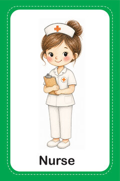 Nurse flashcard for kids, cartoon nurse in white uniform with clipboard, English vocabulary learning card, jobs and professions for kids