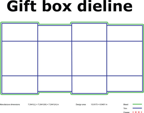 Gift box dieline template with green bleed lines, blue trim lines, and dimensions for manufacturing, flat layout