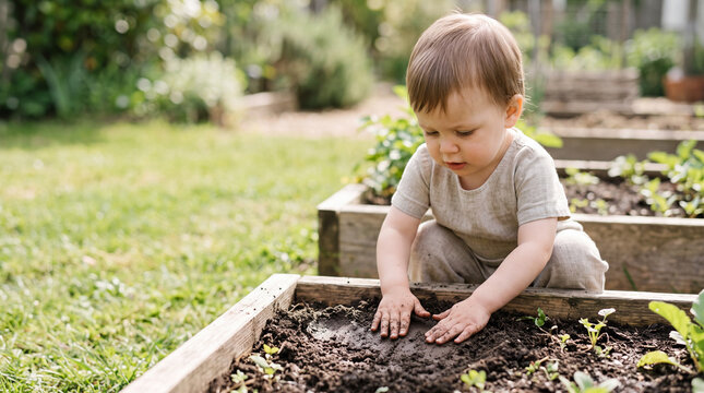 Toddler playing with dirt in a wooden backyard vegetable garden bed
