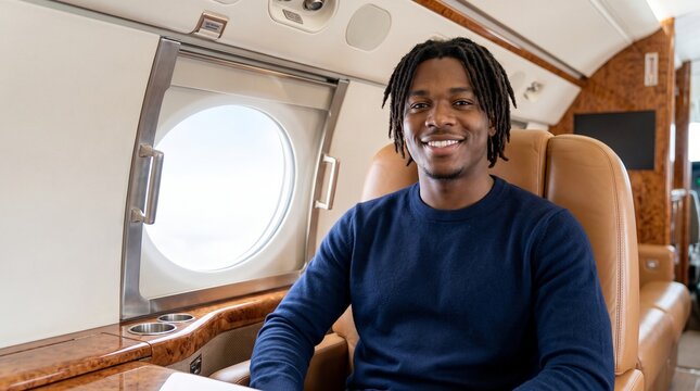 Smiling young man sitting in a private jet cabin during a luxury