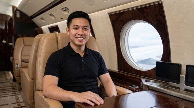Smiling Asian man sitting in a luxury private jet cabin during a