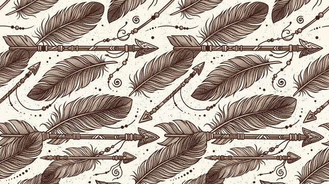 Vintage Seamless Pattern with Tribal Arrows and Feathers