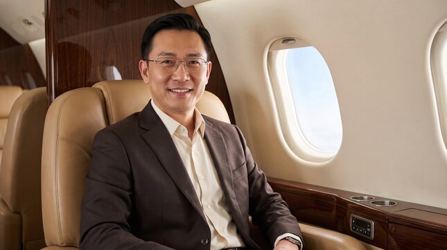 Successful Asian businessman sitting in a private jet cabin during a