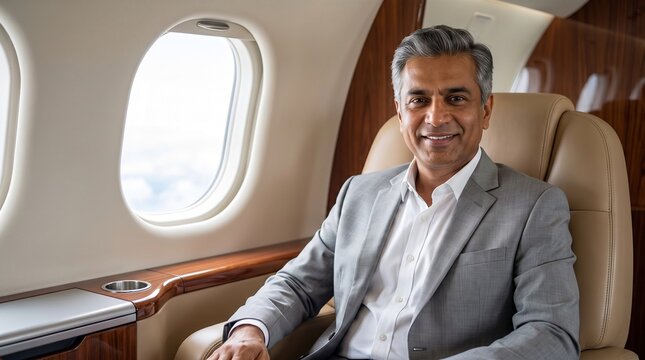 Successful businessman sitting in a private jet cabin during a luxury