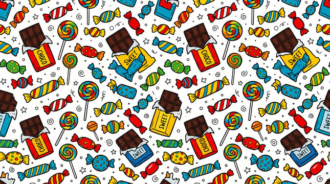 Seamless Colorful Candy and Chocolate Doodle Pattern Illustration