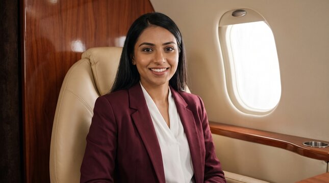 Successful businesswoman sitting in a private jet cabin during a