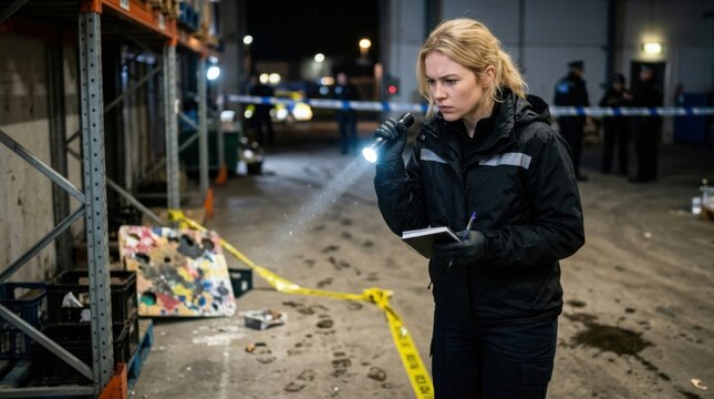 Crime Scene Investigation Detective Using Flashlight and Notebook at Warehouse