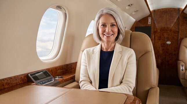 Mature businesswoman smiling while sitting in a luxury private jet