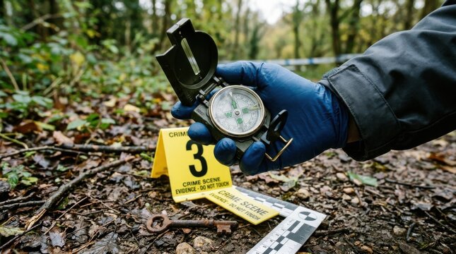 Crime Scene Investigation Compass and Evidence Markers in Forest
