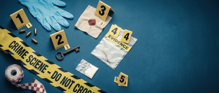 Crime Scene Investigation Evidence Collection with Yellow Tape Bullets Gloves and Marked Evidence Markers