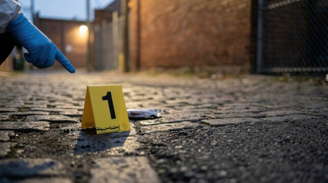 Crime Scene Investigation Evidence Marker 1 with Gloved Hand Pointing Forensic Evidence on Cobblestone Alleyway