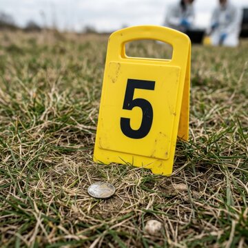 Crime Scene Investigation Evidence Marker Number 5 and Coin on Grassy Ground with Investigators in Background