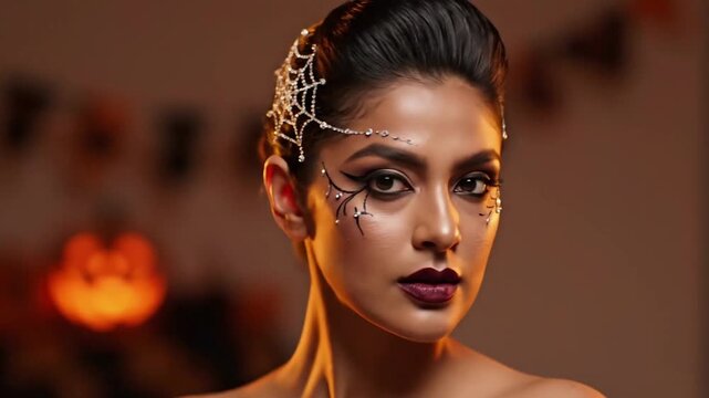 A young woman with gothic spiderweb eye makeup and a crystal headpiece poses elegantly in a dimly lit room with a glowing Jack-o'-lantern background.