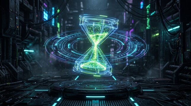 Holographic digital hourglass floating above a dark platform with luminous lime particles and futuristic interface rings, advanced time technology concept
