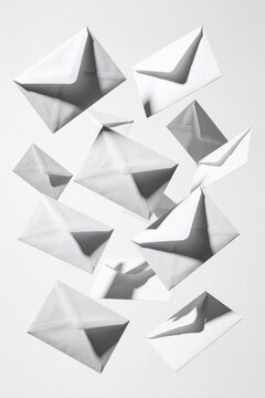 Many white paper envelopes fly in air against white background. Messengers mail letters float during delivery process. Concept of fast communication, sending mass message business correspondence
