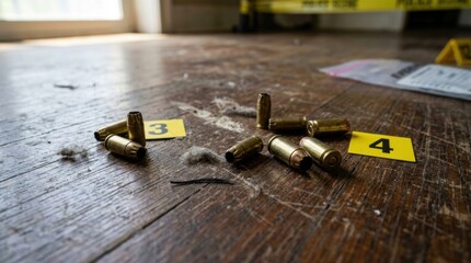 Crime Scene Investigation Bullet Casings and Evidence Markers on Wooden Floor