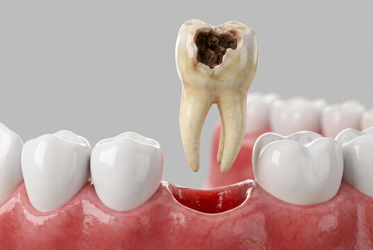 Rotten tooth with deep cavity pulled out from healthy gums between white teeth, dentistry and oral health problem, medical illustration for dental clinic