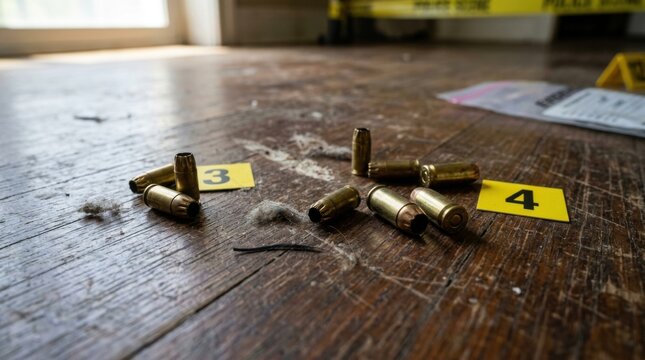 Crime Scene Investigation Bullet Casings and Evidence Markers on Wooden Floor