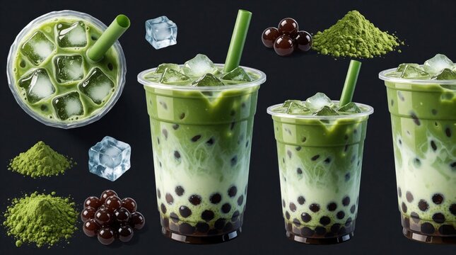 Iced matcha bubble tea in plastic cups with tapioca pearls, ice cubes. Green tea latte drink with boba pearls, matcha powder on dark background. Refreshing asian beverage with straw for summer cafe