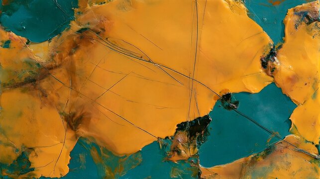 Encaustic beeswax painting texture with saffron yellow and turquoise wax layers