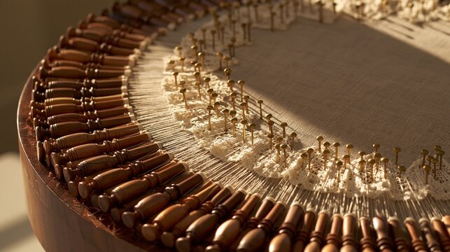 Bobbin lace pillow with turned wooden bobbins, brass pins and cream lace edging