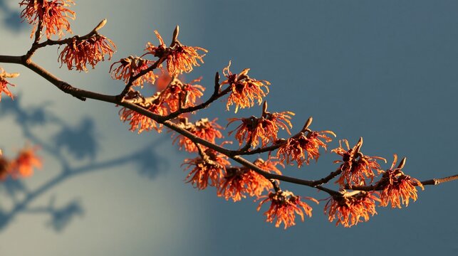 Witch hazel branch in bloom with copper orange flowers against a pale blue wall