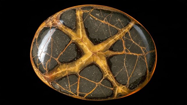 Polished septarian nodule with yellow calcite star veins on a black background