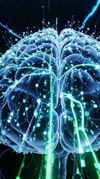 Glowing digital brain with pulsing blue lights and energy streams, representing artificial intelligence and neural network activity