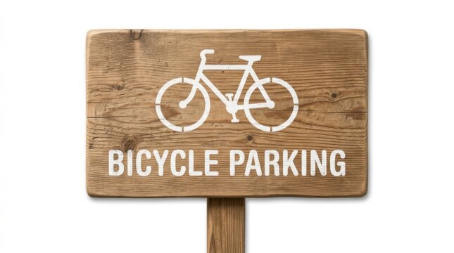 Rustic Wooden Bicycle Parking Sign with White Icon and Text Isolated on White Background