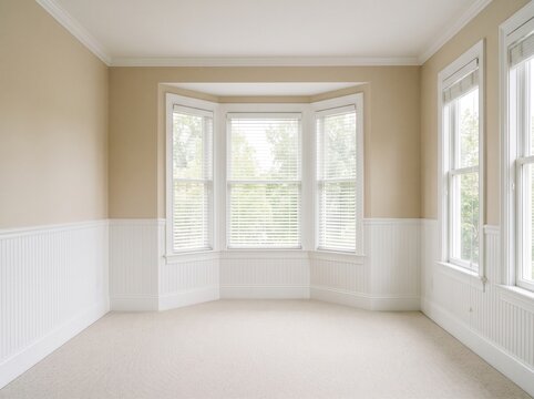 Empty beige room interior with white wainscoting and bay windows