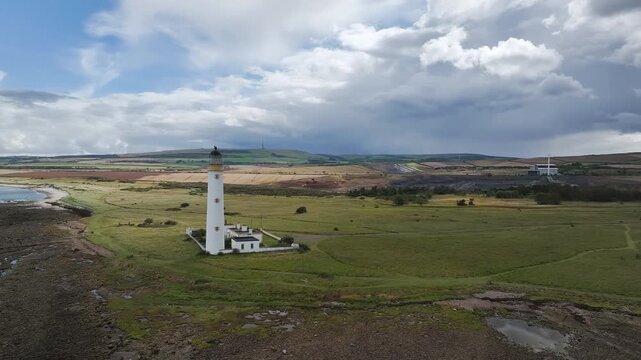 Barns Ness Lighthouse from a drone, Dunbar, East Lothian, Scotland, UK