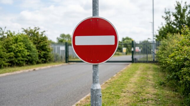 Red and white no entry road sign on a pole blocking a path with a closed gate in the background