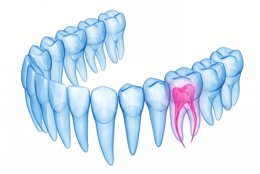 3D illustration of transparent blue human lower teeth with highlighted pink molar root canal and nerves, ideal for dentistry, endodontics and dental health concepts