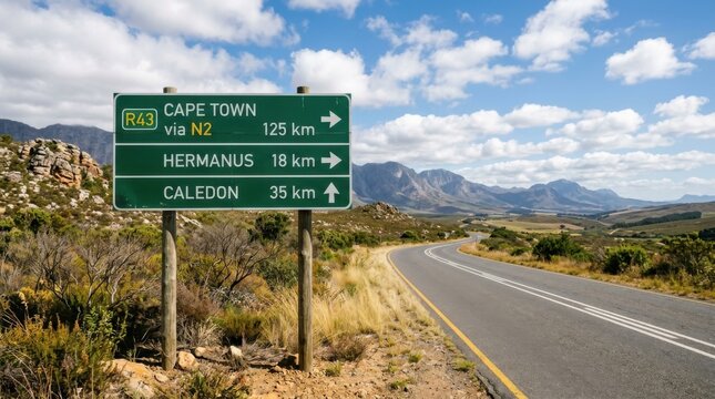 Road sign to Cape Town Hermanus and Caledon in scenic South African landscape with mountains and highway