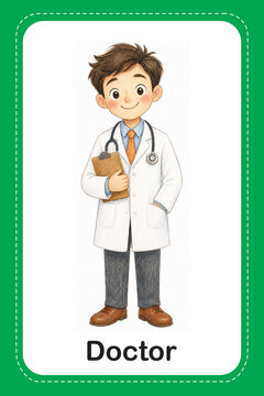 Doctor flashcard for kids, cartoon doctor with stethoscope and clipboard, English vocabulary learning card, jobs and professions for kids