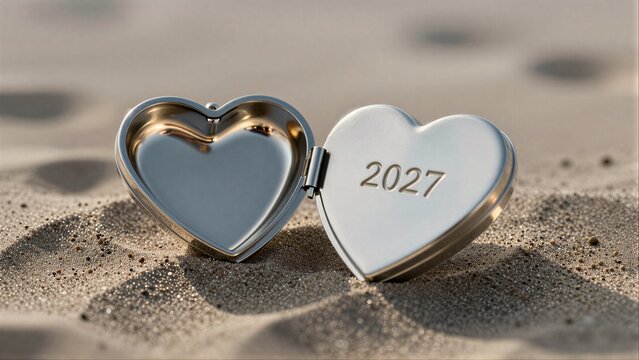 Heart-shaped locket engraved '2027' rests open on sandy beach.