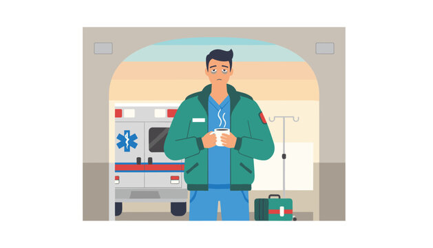 Exhausted paramedic standing inside an ambulance garage holding a warm coffee cup during a demanding night shift.